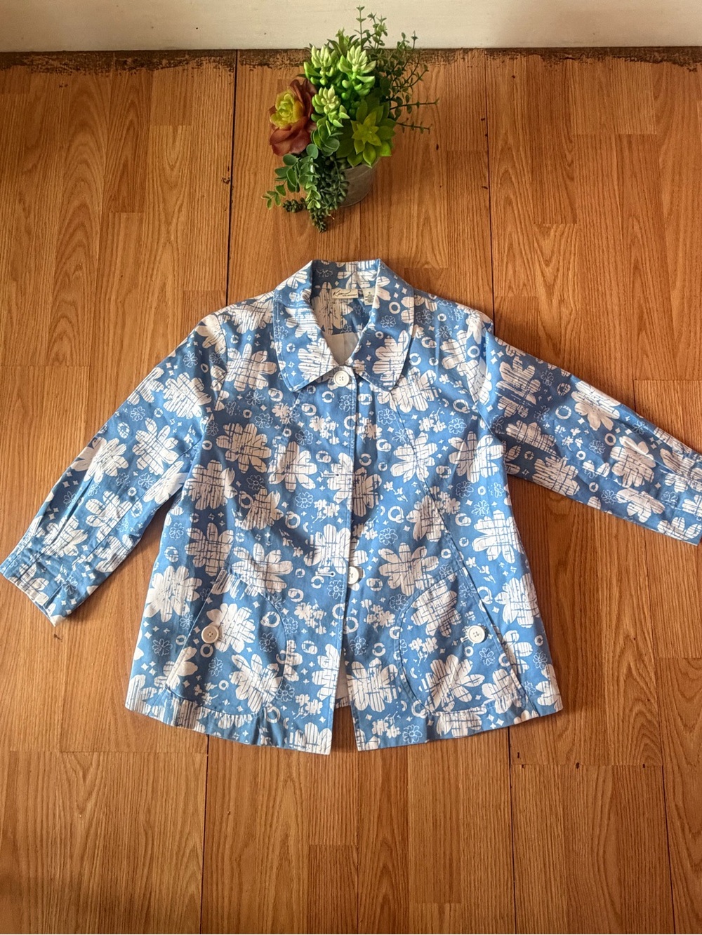 Kim Rogers Women's Blue Blazer 100%Cotton Floral Print 3/4 Sleeve Jacket Size S